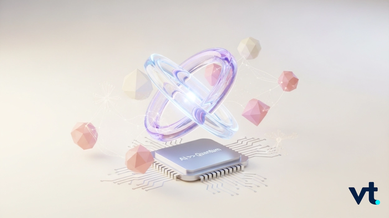 Abstract sci‑tech illustration of a chip labeled 'AI → Quantum' with glowing interlocking rings and floating pink and beige polyhedra; VT logo in the corner.
