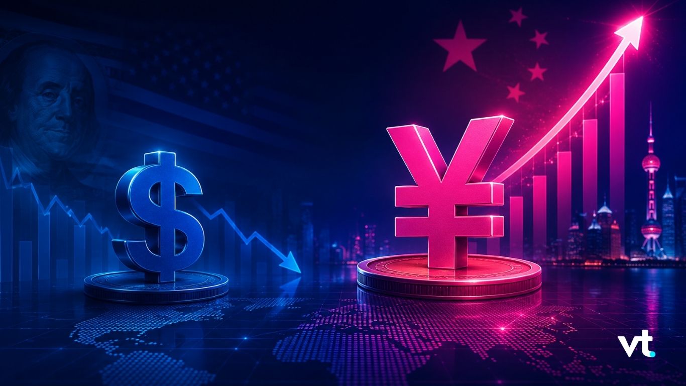 Blue dollar sign on left with downward trend graph, pink yen symbol on right on a rising bar chart, symbolizing financial growth in global markets.