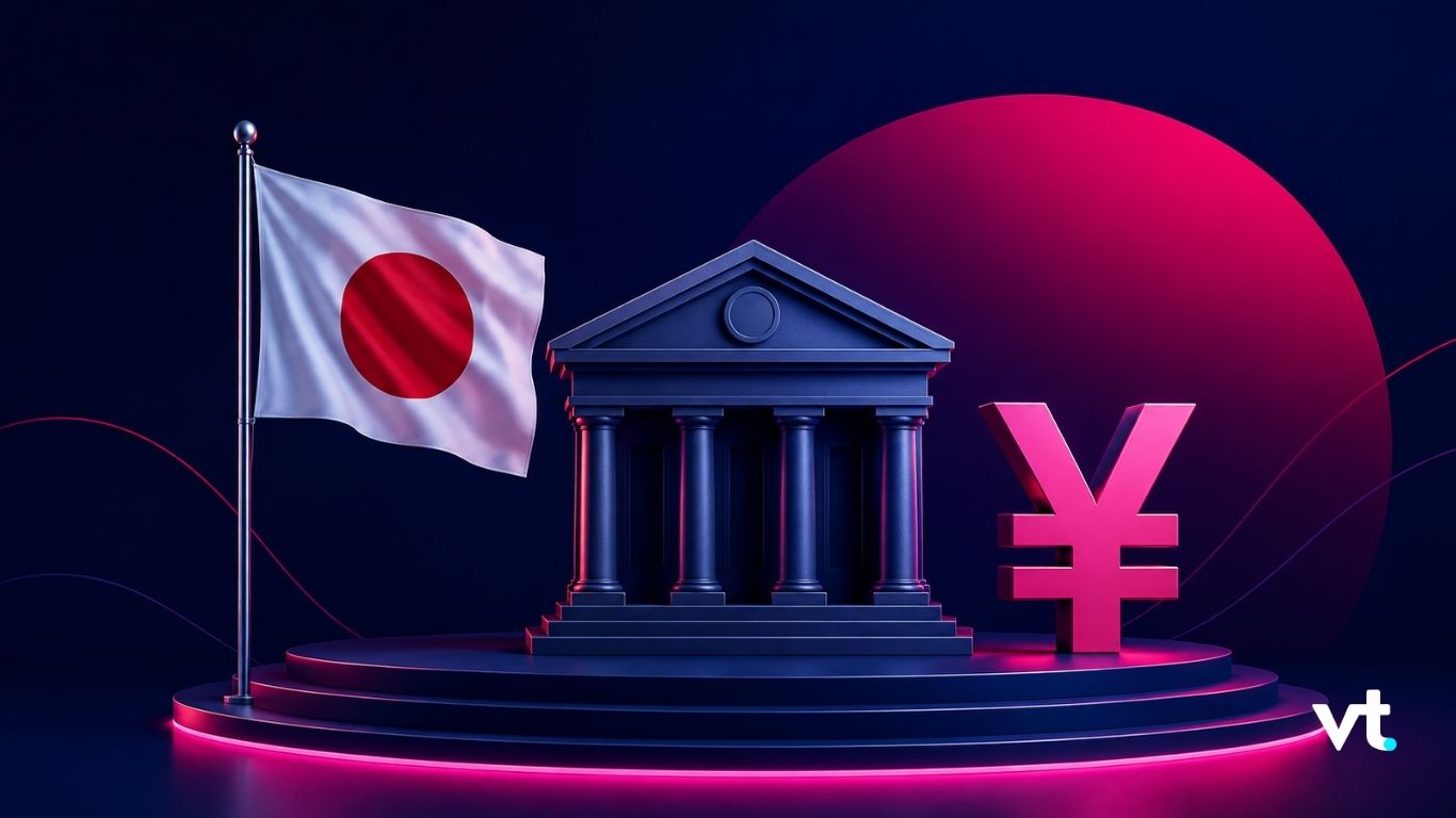 3D render of a neoclassical bank building on a circular neon platform, with a Japanese flag on the left and a large pink yen symbol on the right.