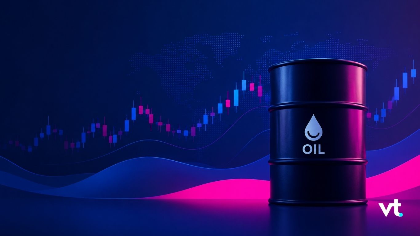 Oil barrel labeled 'OIL' sits against a neon blue/pink stock market background with charts and waves, VT logo in the corner.