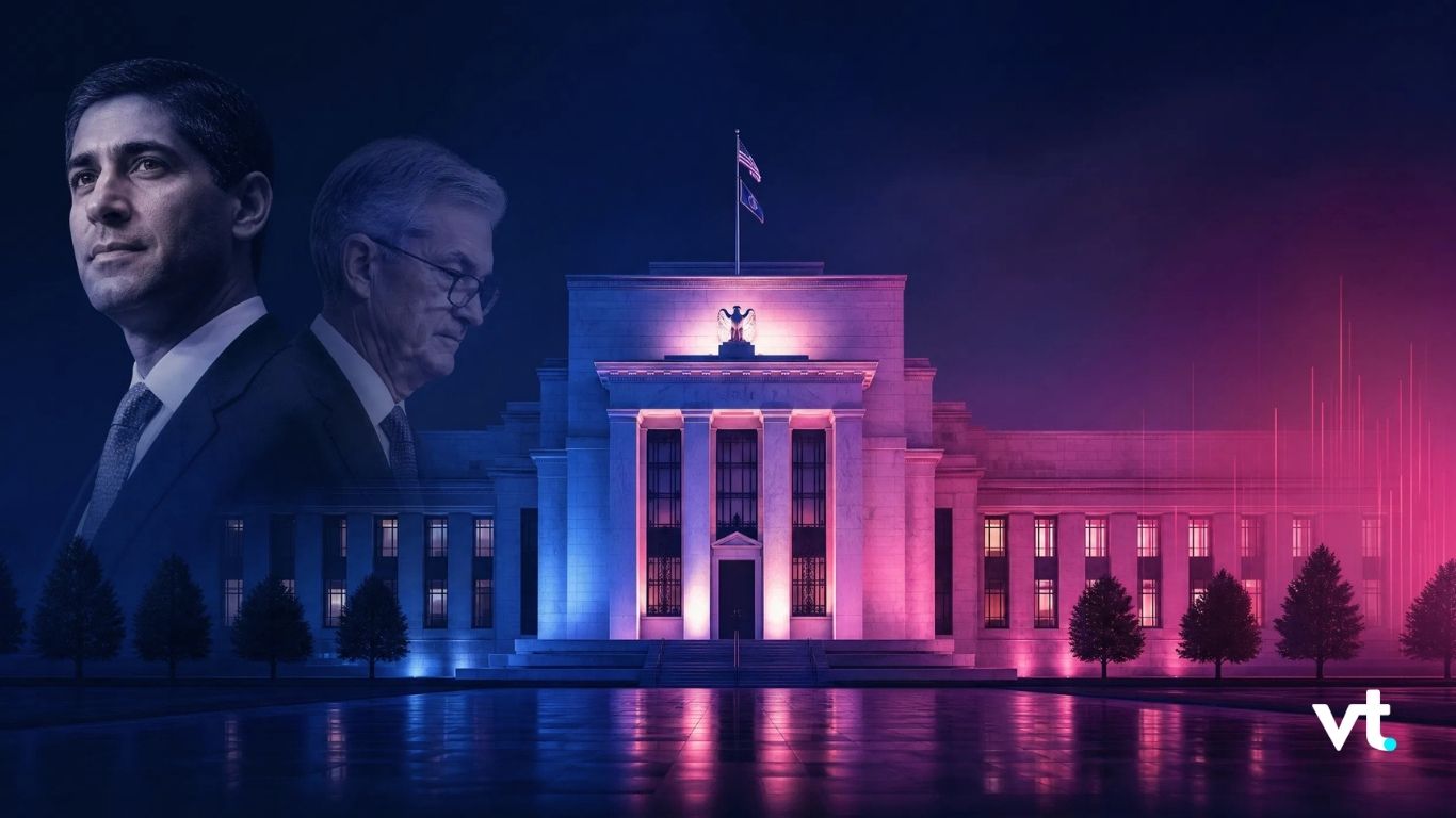 Night-time view of a government building illuminated in blue and magenta, with two translucent portraits on the left and a VT logo in the bottom-right corner