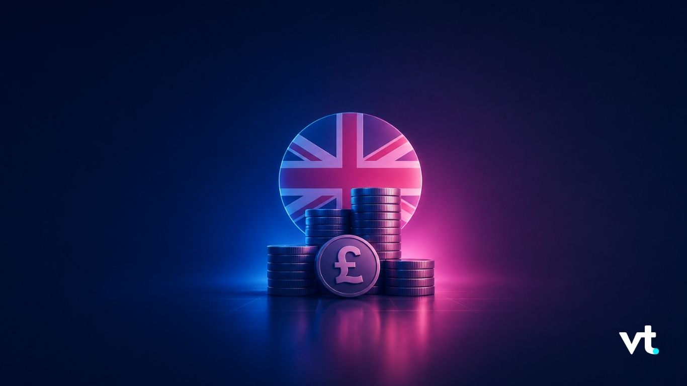 Stack of coins in front of a glowing UK flag circle, symbolizing British currency and finance and a neon blue-pink glow.