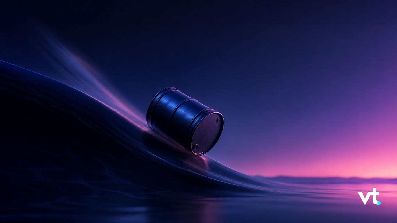 Metal drum riding a wave at dusk with neon purple-pink sky, vt watermark in corner.