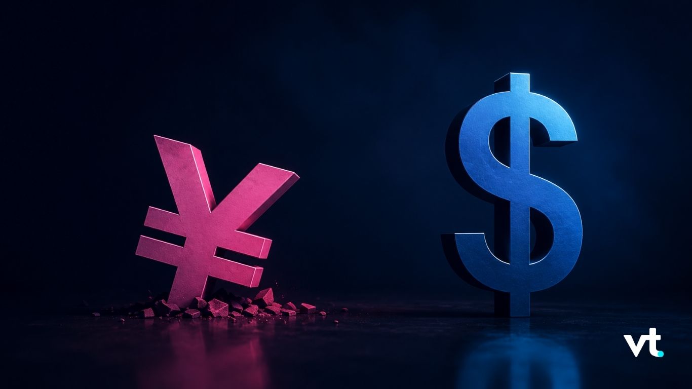 Pink yen symbol broken and toppled on the left, blue dollar sign standing upright on the right against a dark blue background.