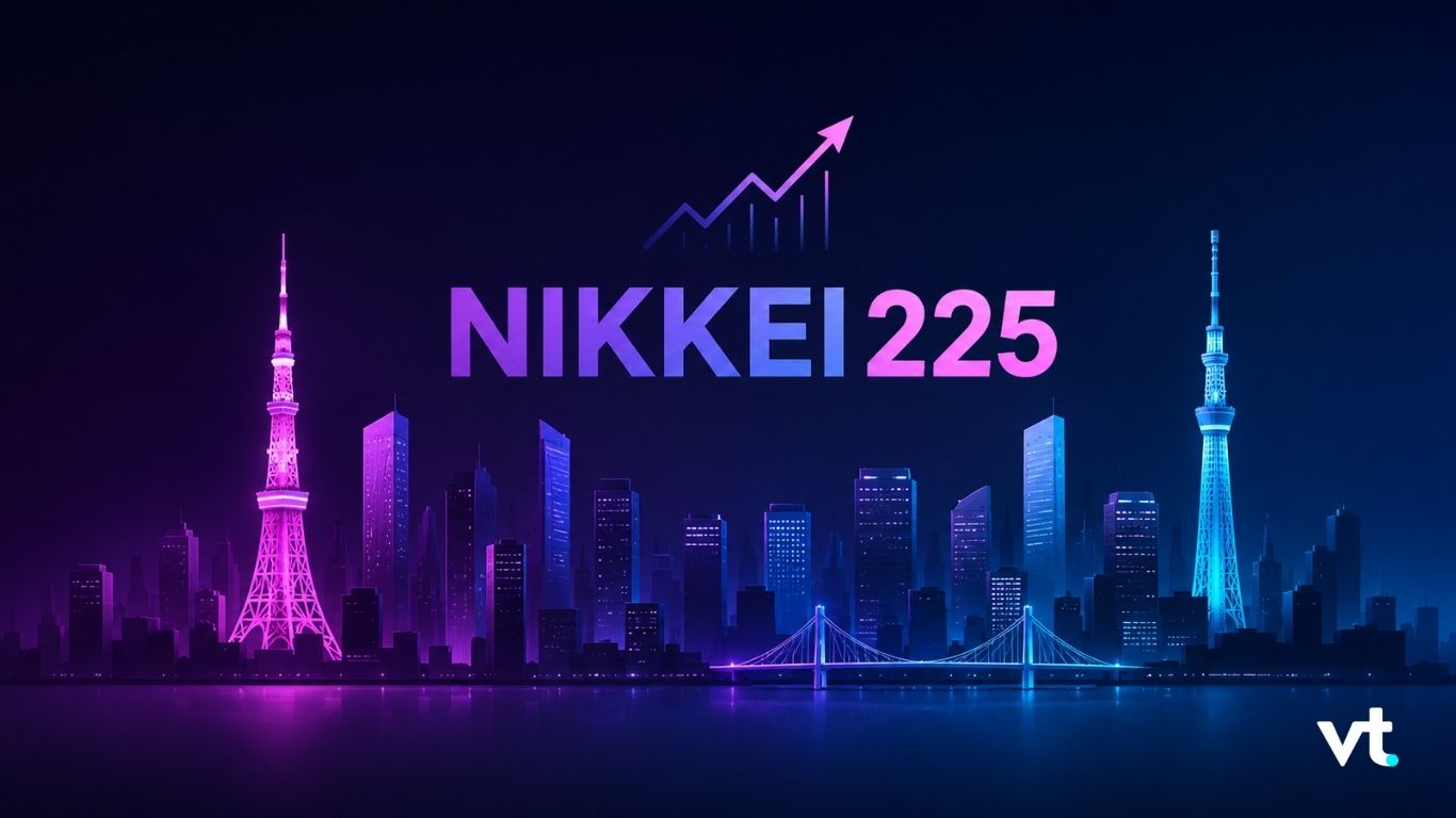 Neon city skyline at night with 'NIKKEI225' and an upward arrow; vt logo bottom right.