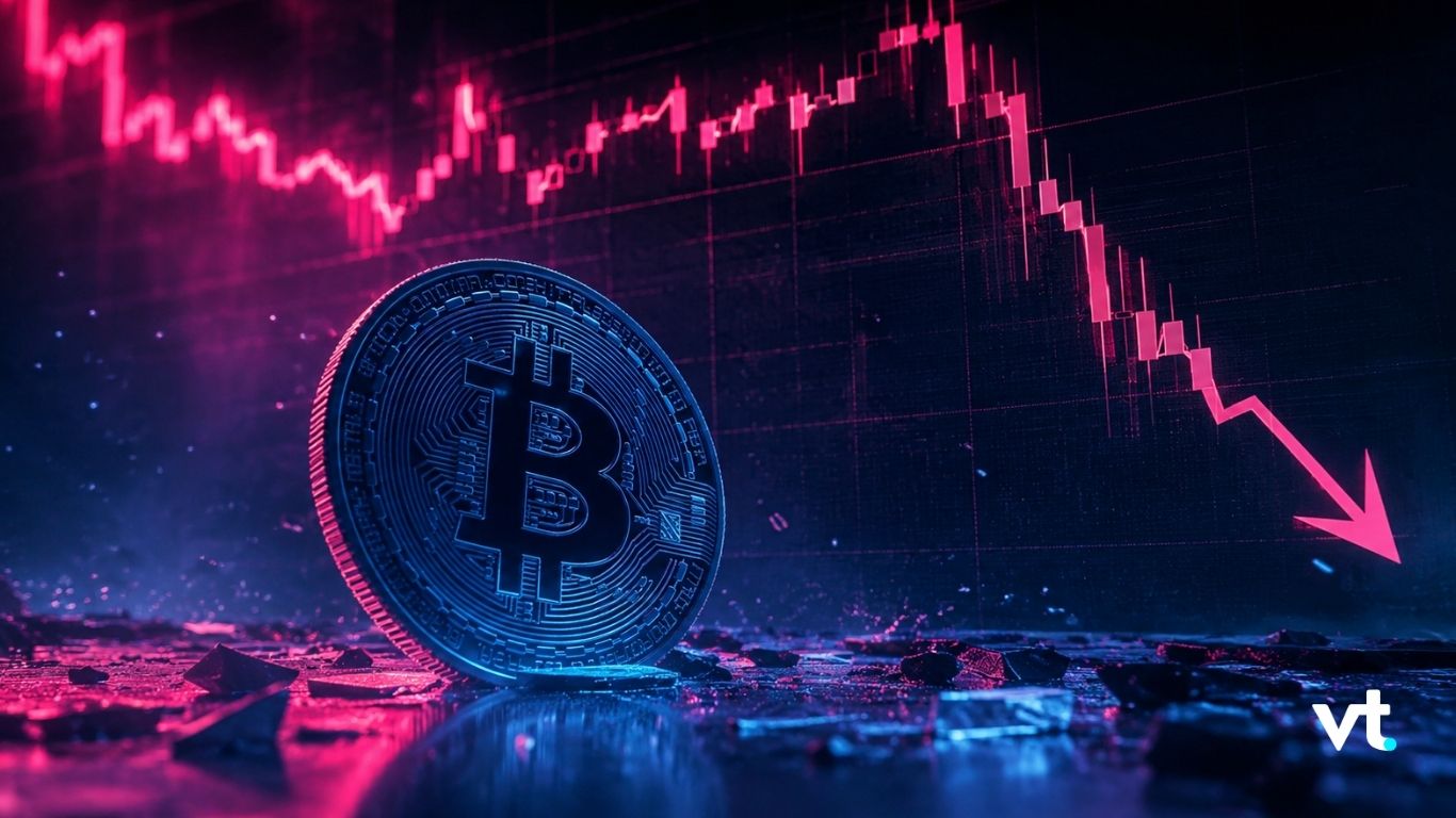 Bitcoin coin on a rocky surface as a pink downward-trending chart and arrow illustrate a price drop, with a small vt logo in the corner.