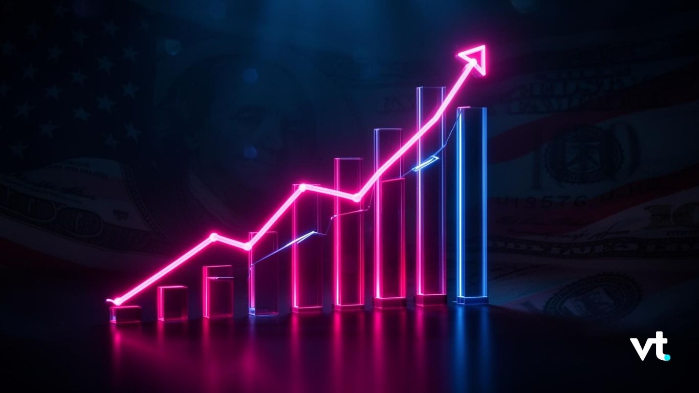 Neon pink line graph rising over glowing bars, symbolizing financial growth against a dark background with dollar imagery in the back