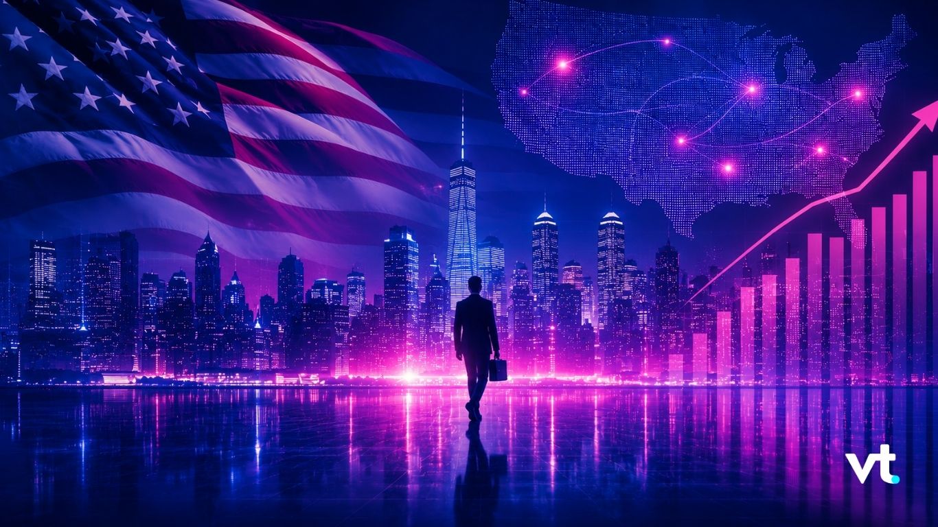Silhouette of a businessperson with a briefcase walking toward a neon-lit city skyline, with a large American flag in the background.