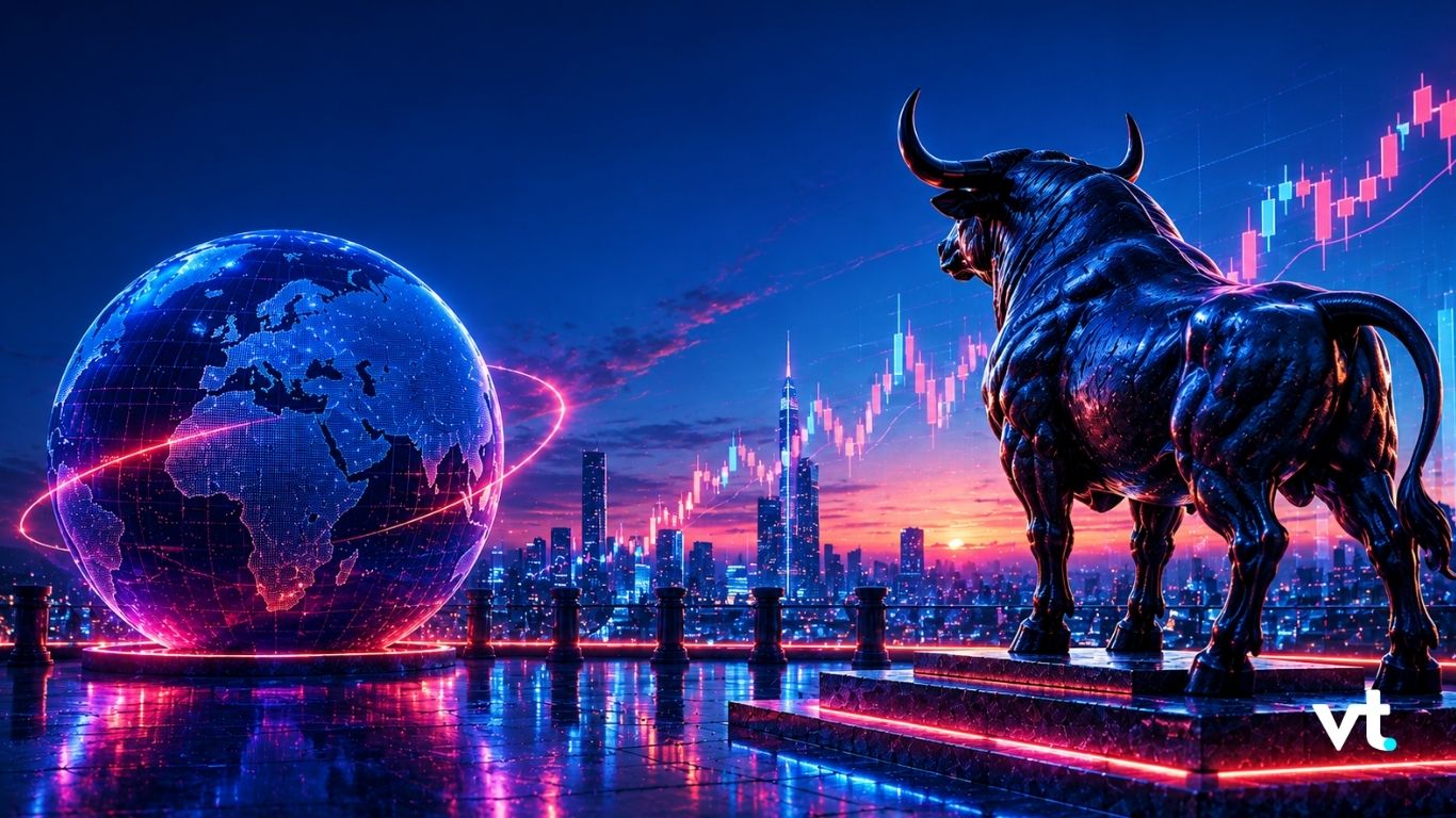 Neon-finance scene with a glowing blue globe and a large metallic bull against a city skyline and neon stock charts.
