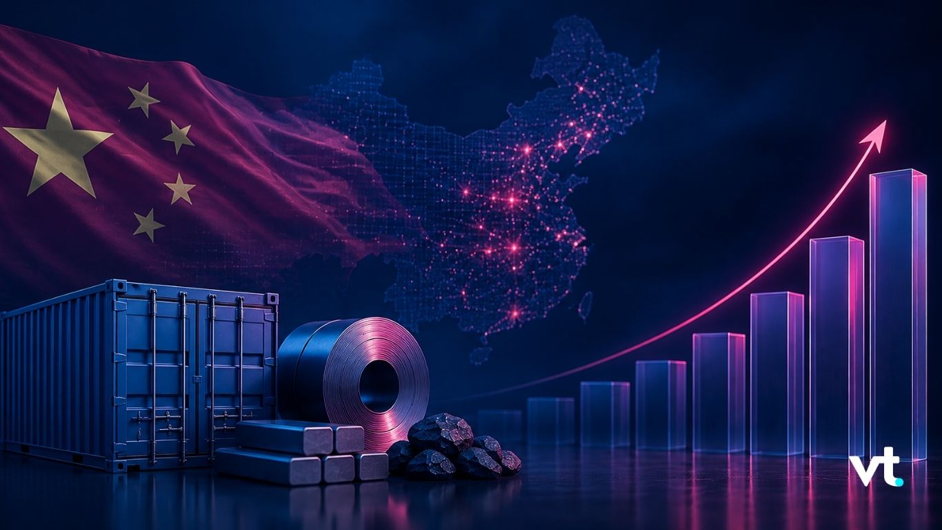 Industrial scene with a blue shipping container, steel coil, bricks and rocks in the foreground, a glowing map of China, and a neon pink rising bar chart suggesting growth;China flag in the background.