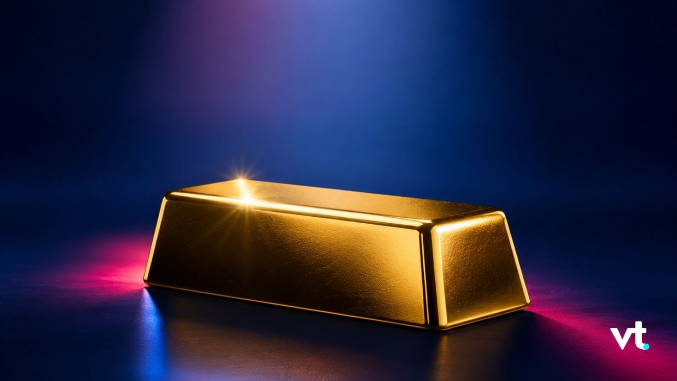 Polished gold bar on a reflective surface with blue and purple lighting, VT logo in the bottom-right corner