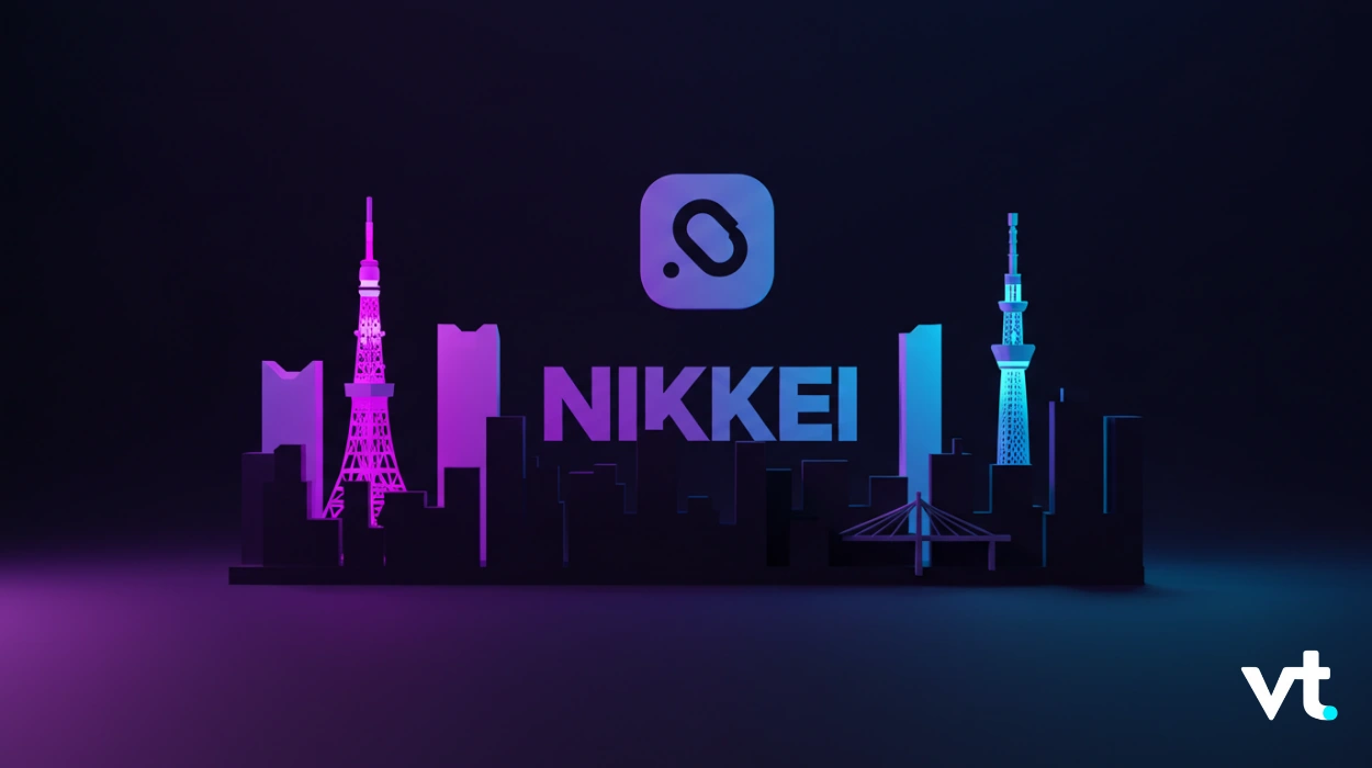 Stylized purple-to-blue city skyline with the word NIKKEI in the center and a rounded logo above; VT watermark in the bottom-right corner.