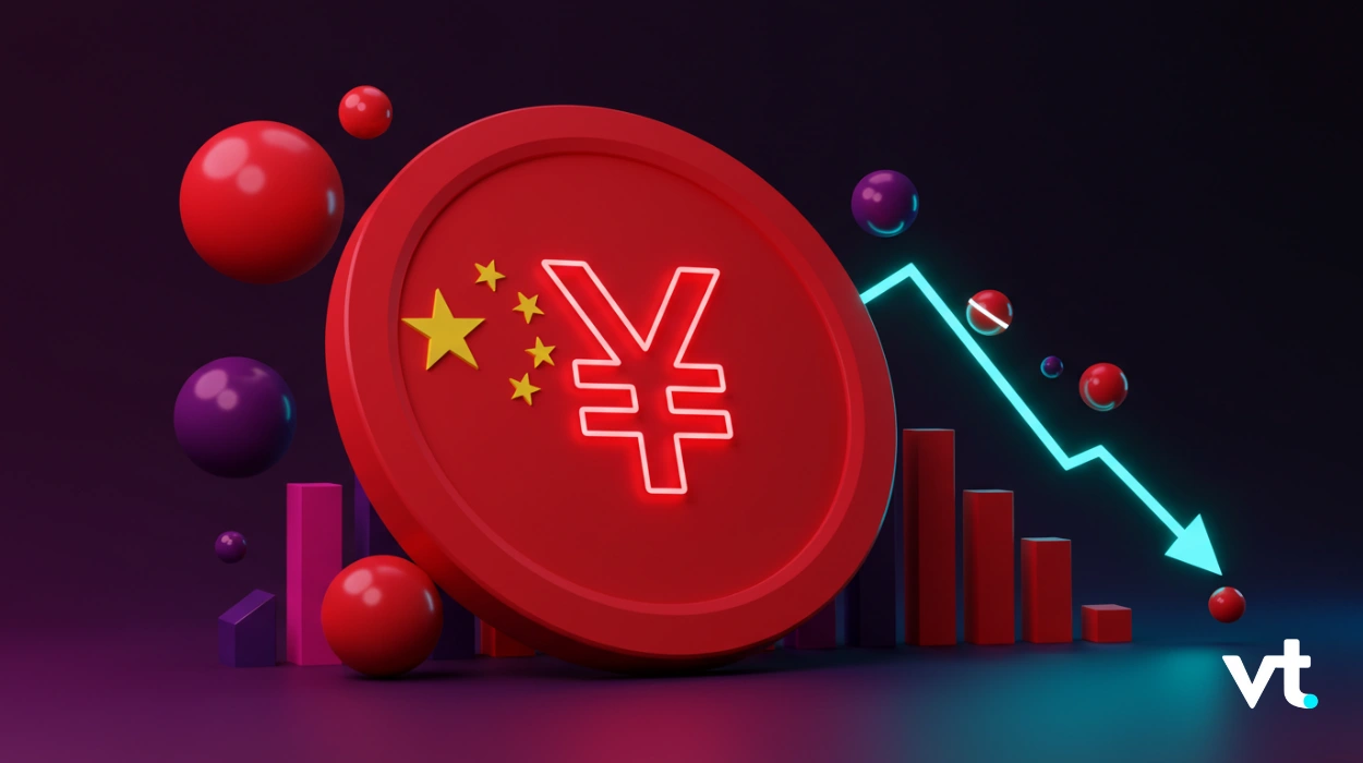 Large red coin with neon yuan symbol and Chinese flag, beside a descending bar chart and downward trend arrow; vt logo in the corner.