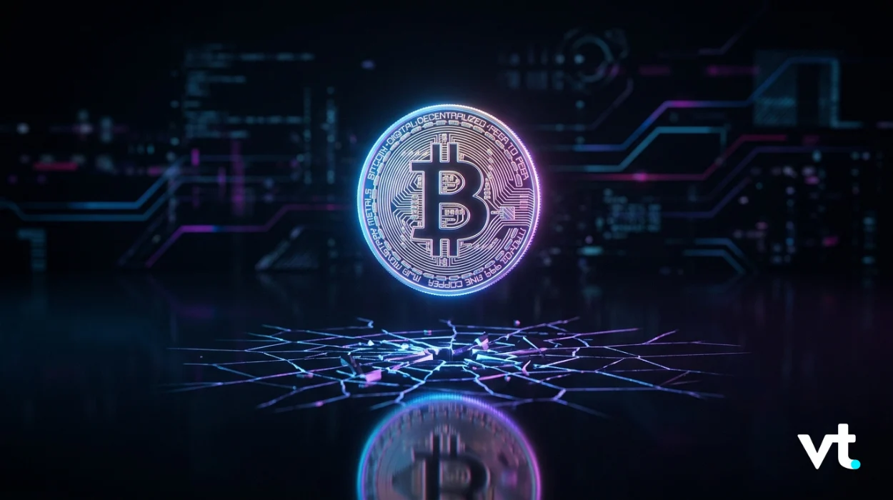 Glowing Bitcoin coin hovering above a neon circuit grid with its reflection on a dark surface, VT logo in the corner.