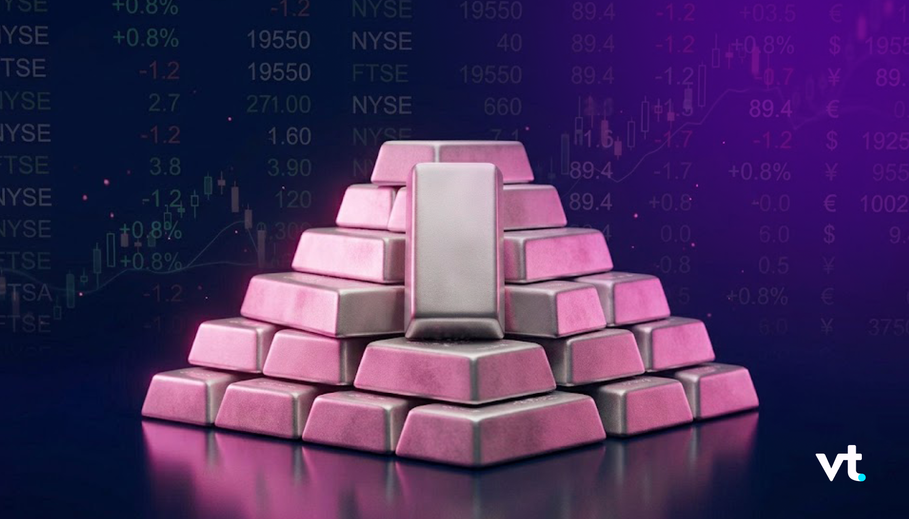 Stack of pink-gold bars arranged in a pyramid with a central tall bar against a dark purple stock-market background.