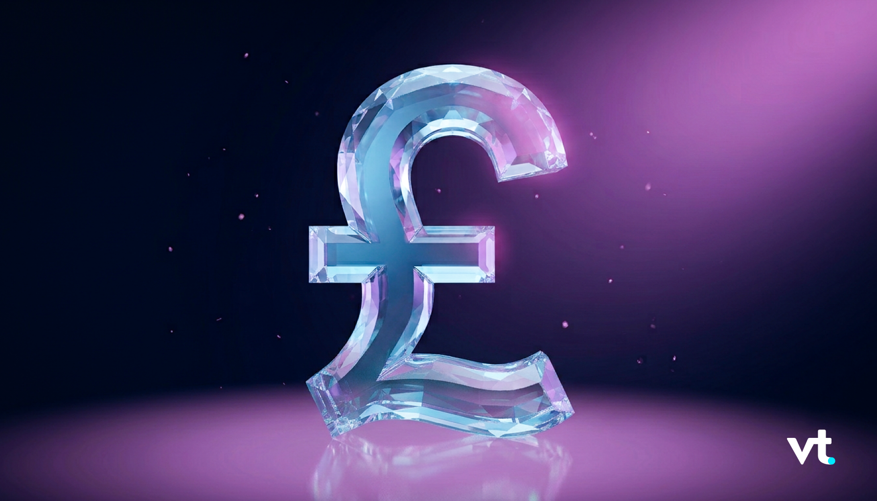 Crystal Euro currency symbol made of glass, reflecting on a pink glossy surface with a dark blue to magenta gradient.