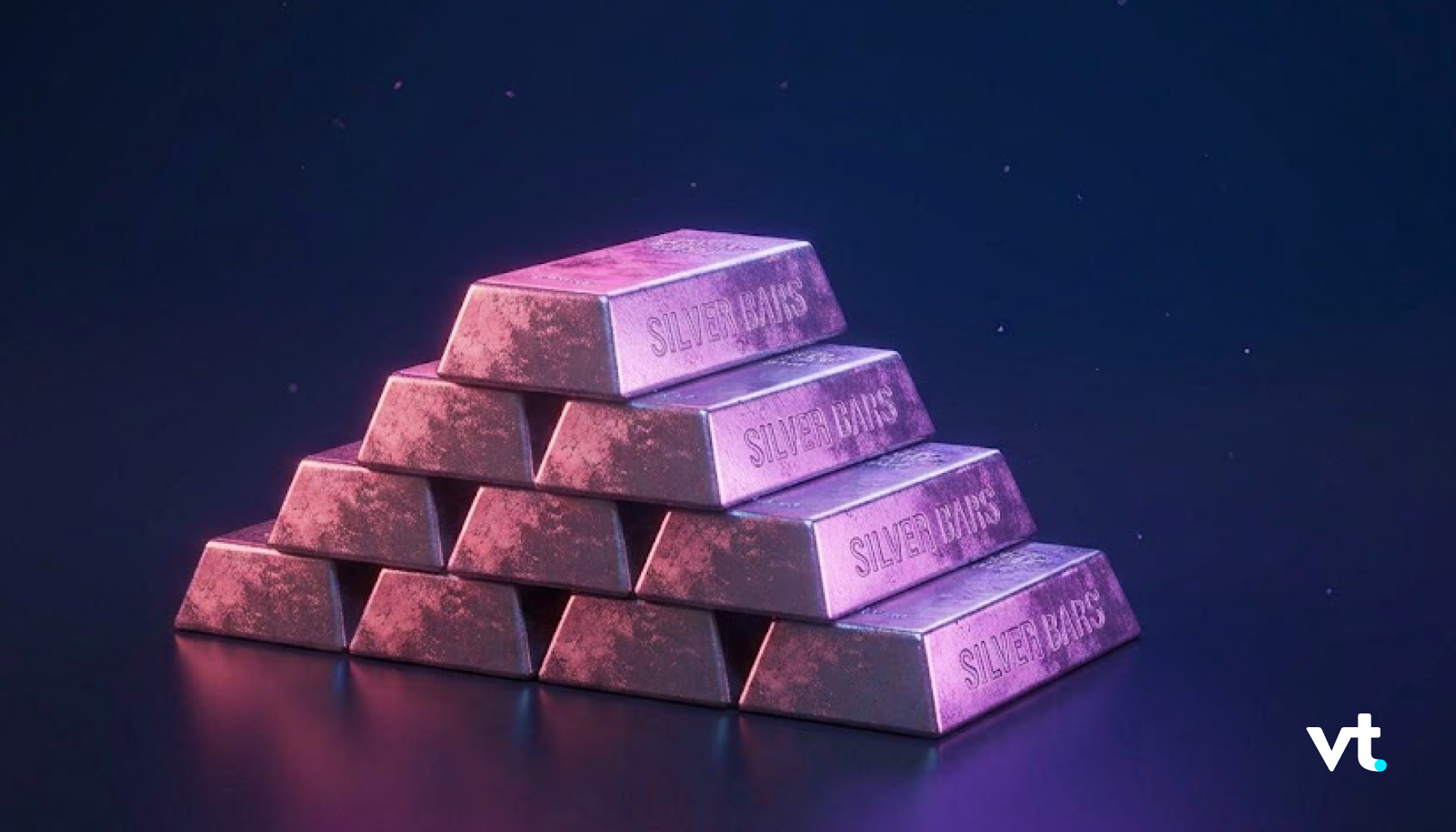 Pyramid stack of silver bars labeled 'SILVER BARS' set on a dark blue surface with a purple glow at the edges.