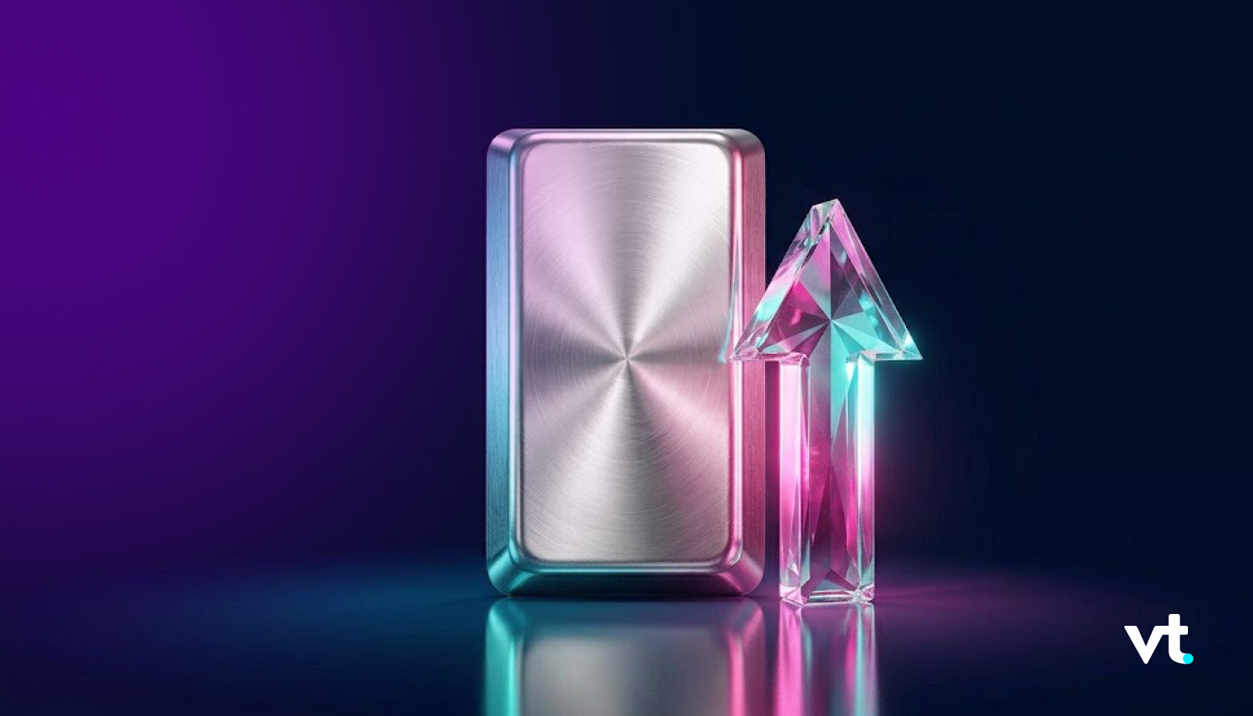Metal smartphone beside a faceted crystal arrow pointing upward against a dark gradient background; brand VT visible in the bottom-right corner.