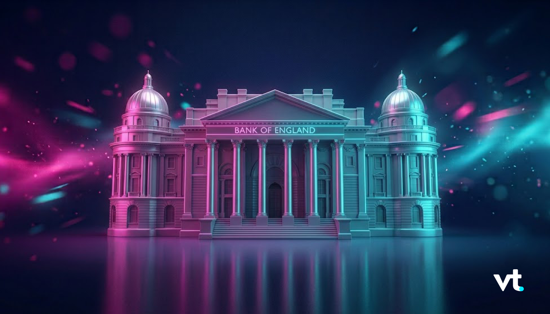 Neon-lit 3D rendering of the Bank of England façade with pink and blue glow, reflecting on water, VT logo in corner.