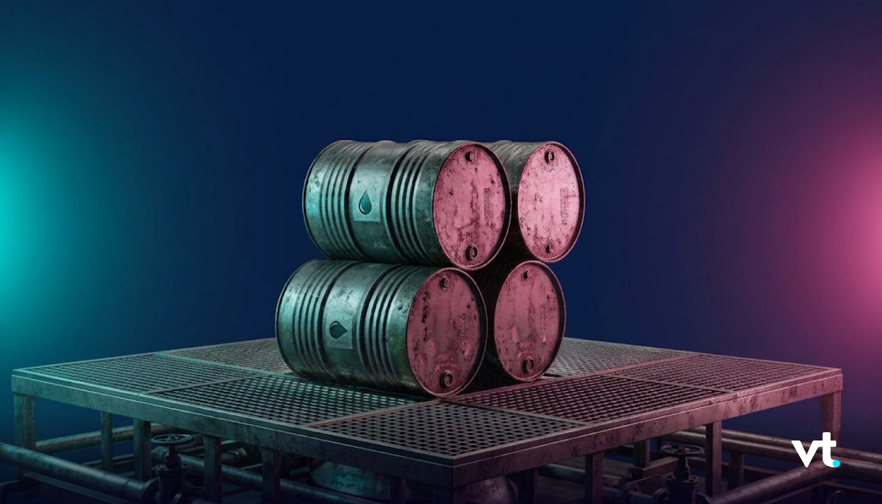 Four rusted oil drums stacked on a perforated metal platform, illuminated by teal and pink neon lights in an industrial setting.