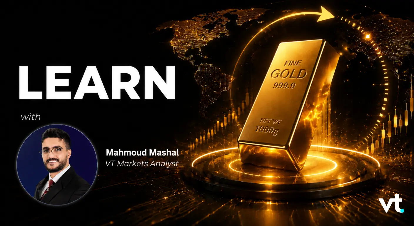 Learn with Mahmoud Mashal, VT Markets Analyst, in a gold bullion promotional banner with a world map background and VT logo.
