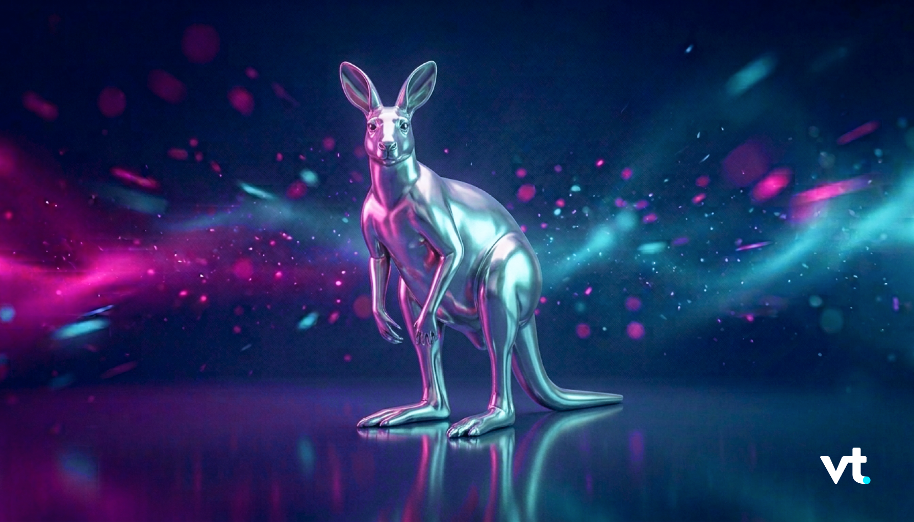 Glossy chrome kangaroo sculpture bathed in pink and teal neon light against a dark, abstract background.
