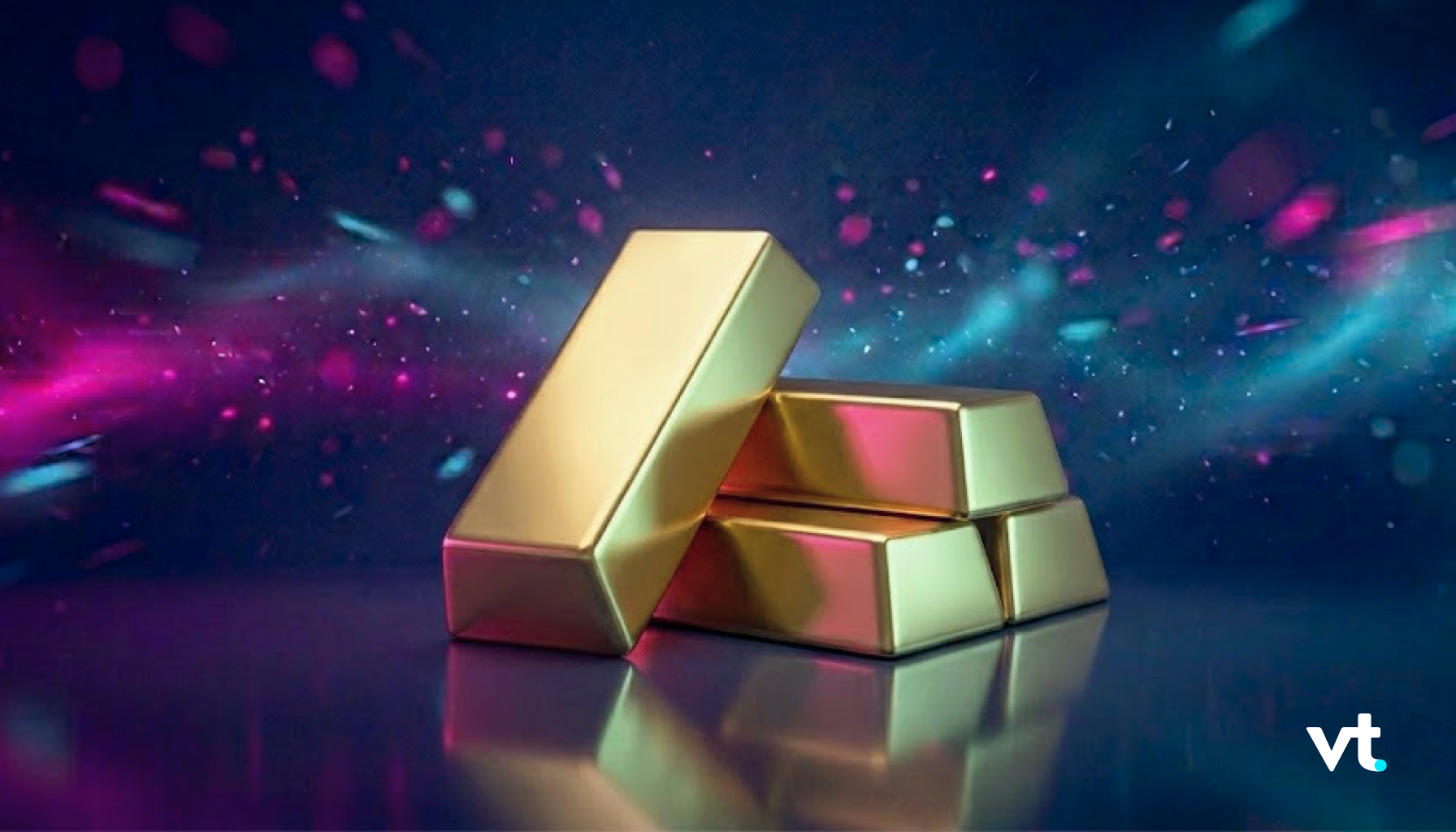 Pile of shiny gold bars stacked on a reflective surface against a colorful neon background; VT logo in the bottom-right corner.