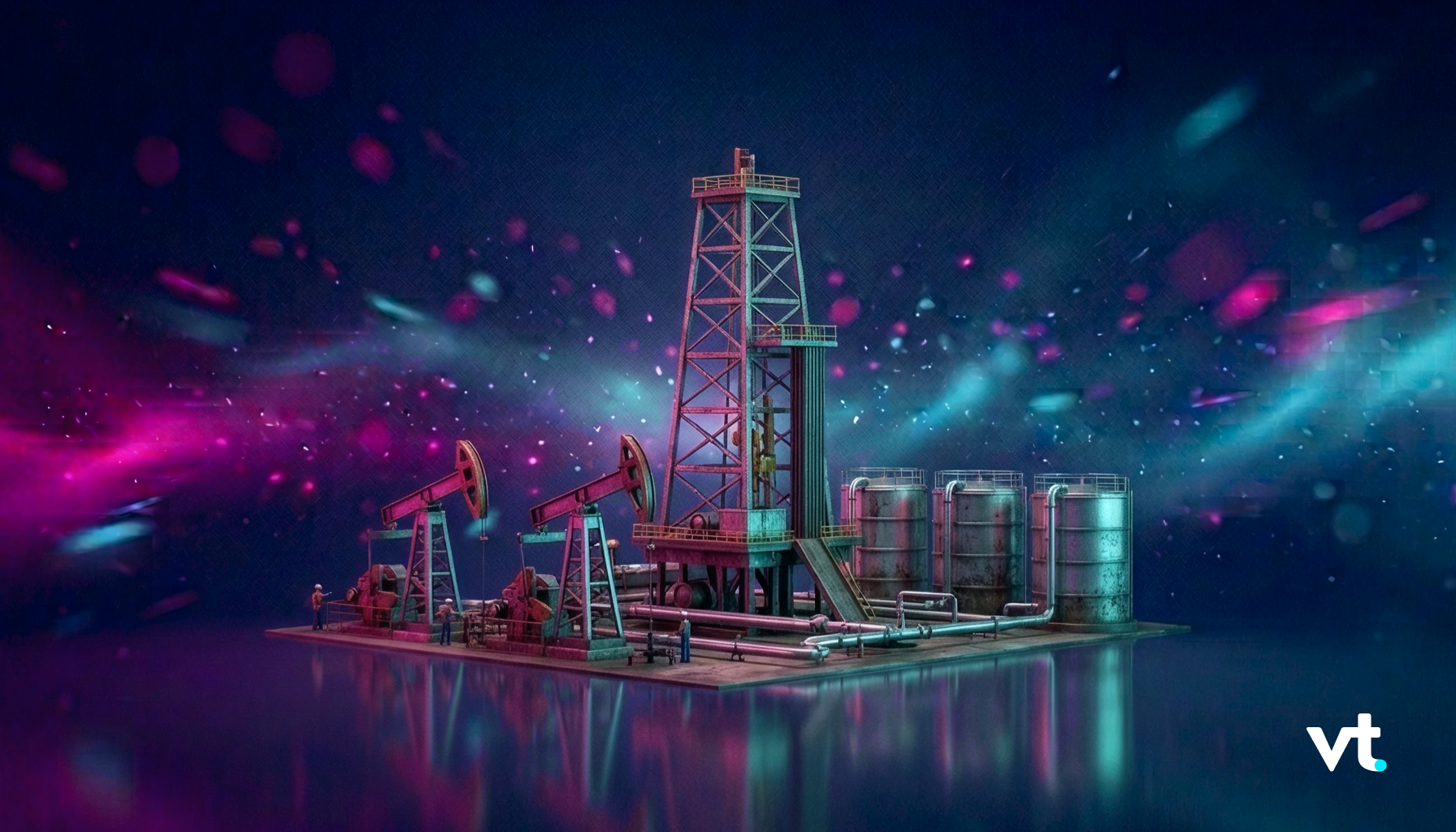 Oil drilling platform with derricks and storage tanks on a small island, glowing in neon pink and teal lights against a dark night sky.