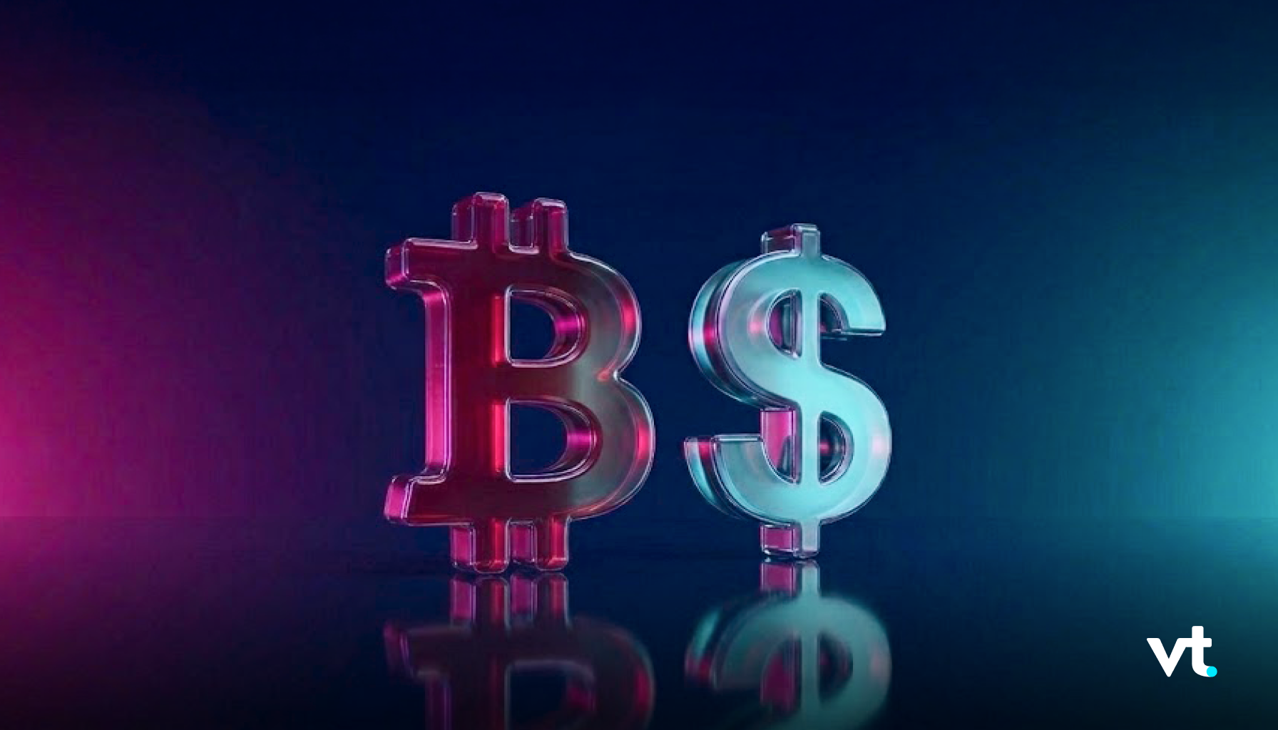 Two neon-lit currency symbols side by side: a pink Bitcoin on the left and a teal dollar sign on the right, glowing over a dark reflective surface with a vt logo in the corner.