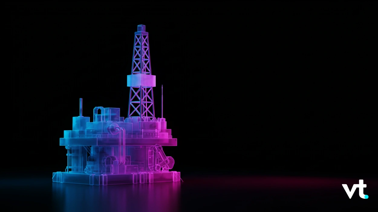 Neon-lit transparent model of an offshore oil rig on a dark background, with blue and pink lighting and a VT logo in the corner.