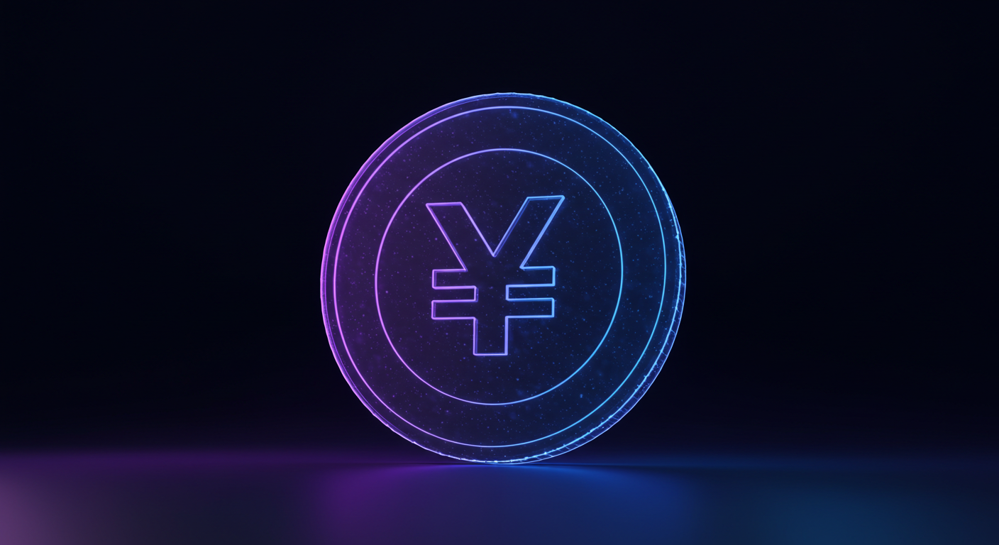 Glowing neon coin with the ¥ (yen) symbol on a dark gradient background, representing Japanese currency or finance.