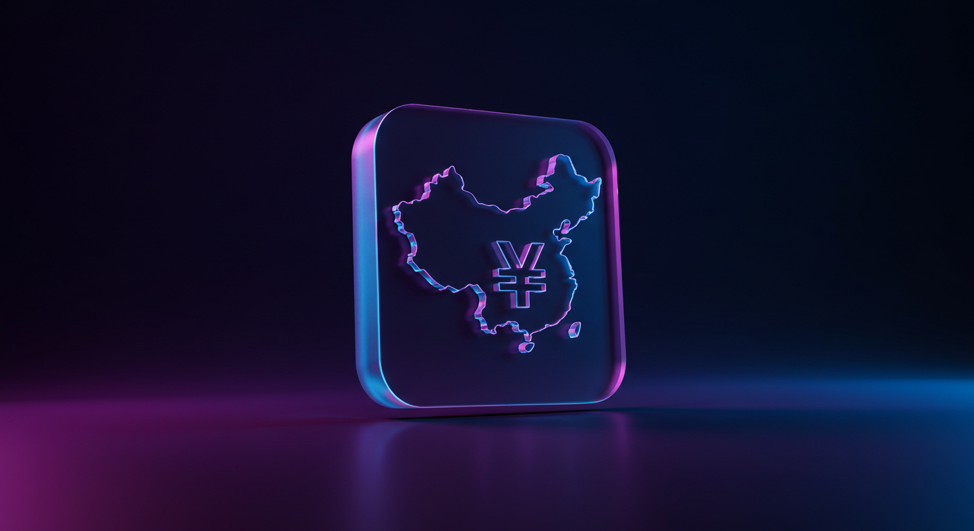 Neon-glow square icon featuring the outline of China with a yuan symbol, rendered in purple and blue hues.