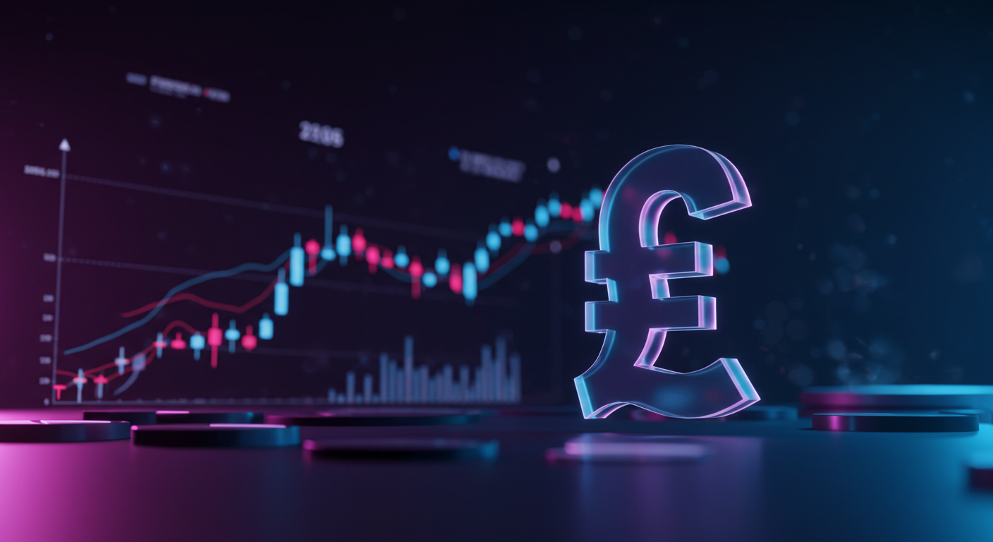 Glowing neon euro symbol beside a stock chart with pink and blue candlesticks and bars.