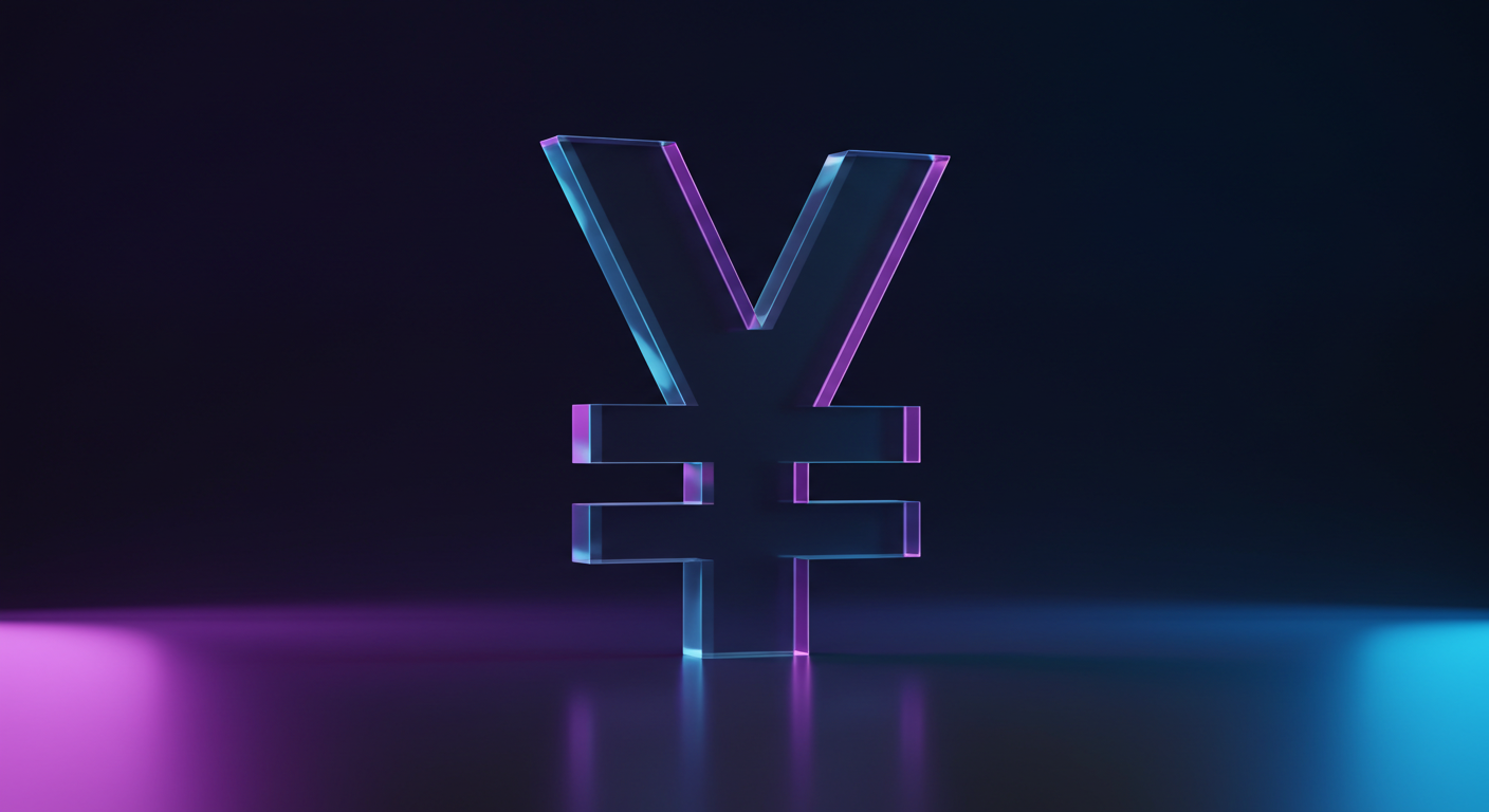 Neon-glass Japanese yen symbol (¥) on a reflective surface with blue‑purple glow against a dark gradient.