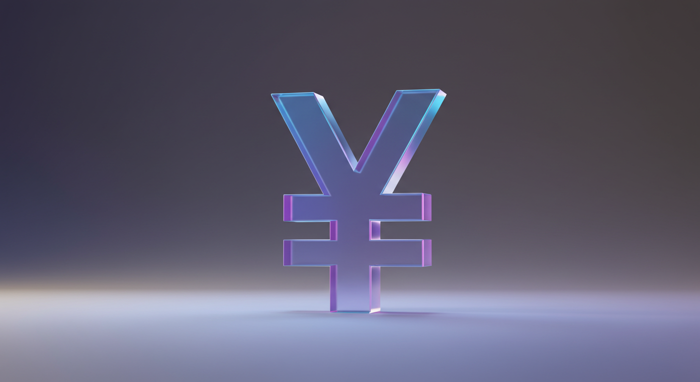 Large 3D ¥ yen currency symbol standing on a reflective surface with purple-blue lighting.