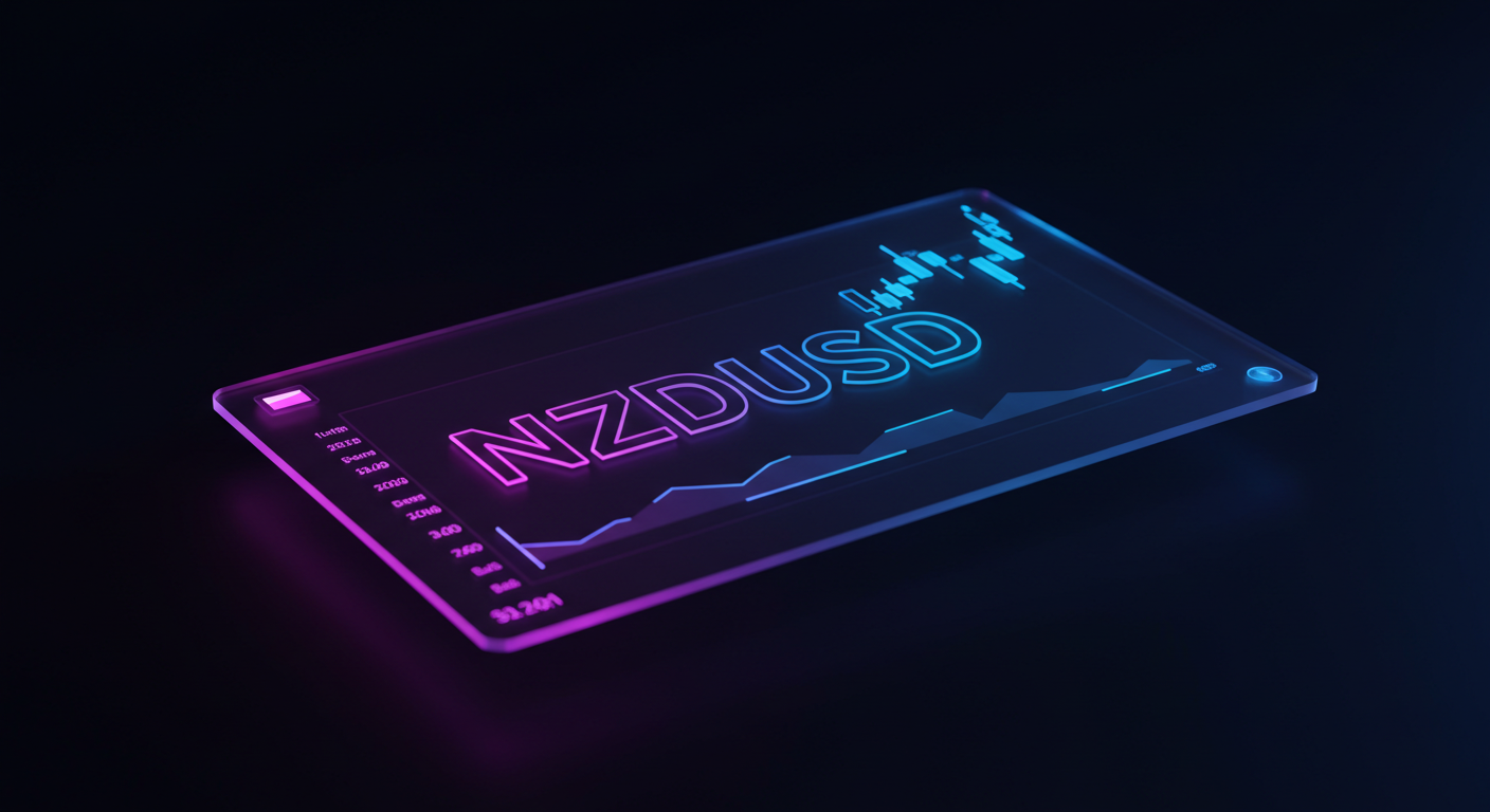 Neon-glow transparent panel showing NZDUSD currency chart with line graph against a dark background.