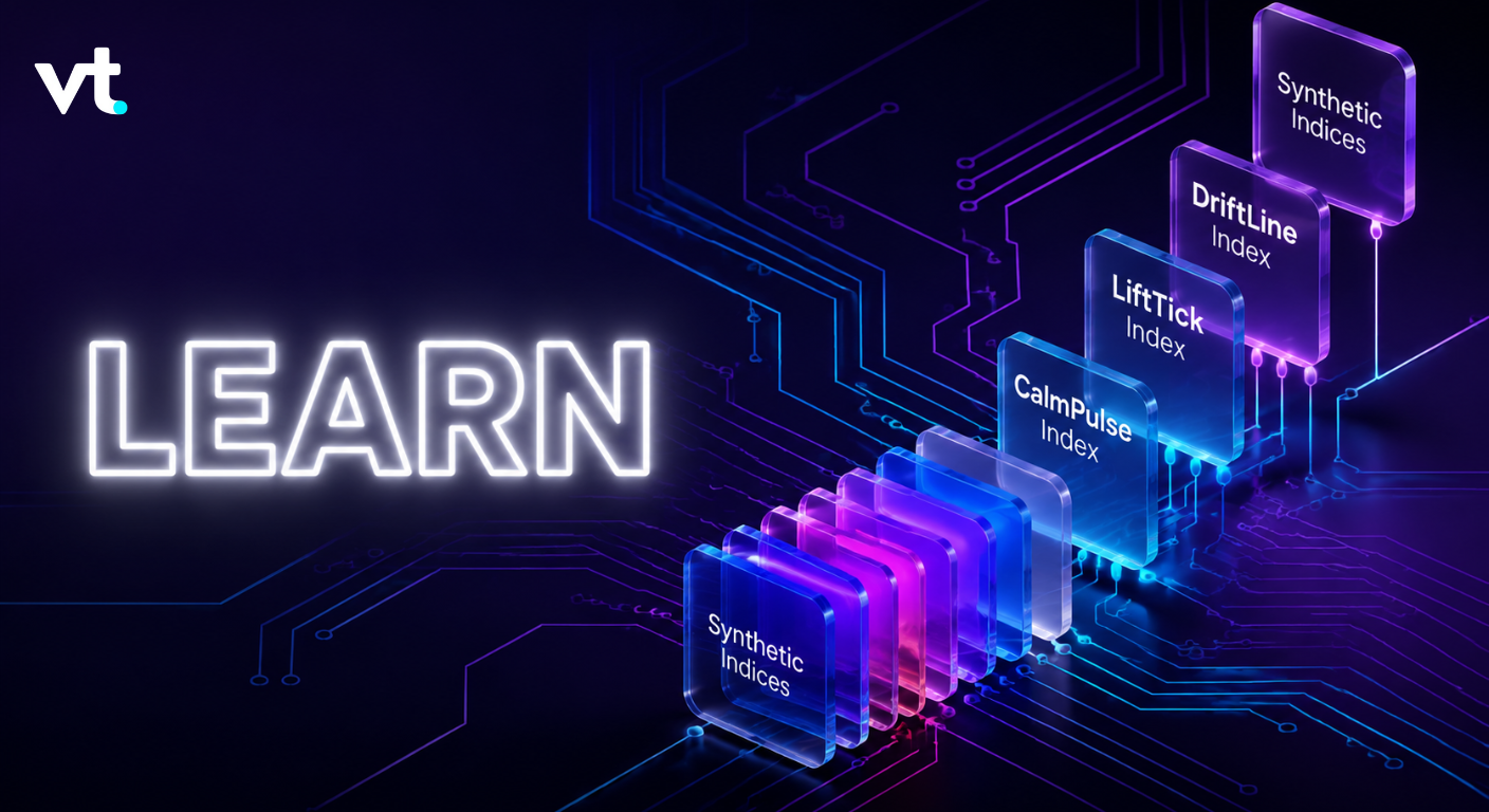 Neon 'LEARN' title with stacked translucent panels labeled Synthetic Indices, DriftLine Index, LiftTick Index, and CalmPulse Index against a blue circuit-themed background.