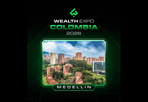 Promotional badge for Wealth Expo Colombia 2026 in Medellín, featuring a framed cityscape photo of Medellín with neon green accents and the text 'WEALTH EXPO COLOMBIA 2026 MEDDELLIN'