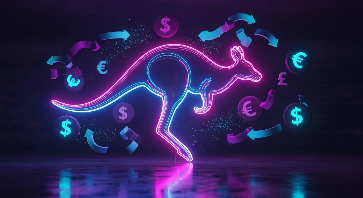 Neon pink-and-blue kangaroo leaping with floating currency symbols ($, €, £) and arrows around it.