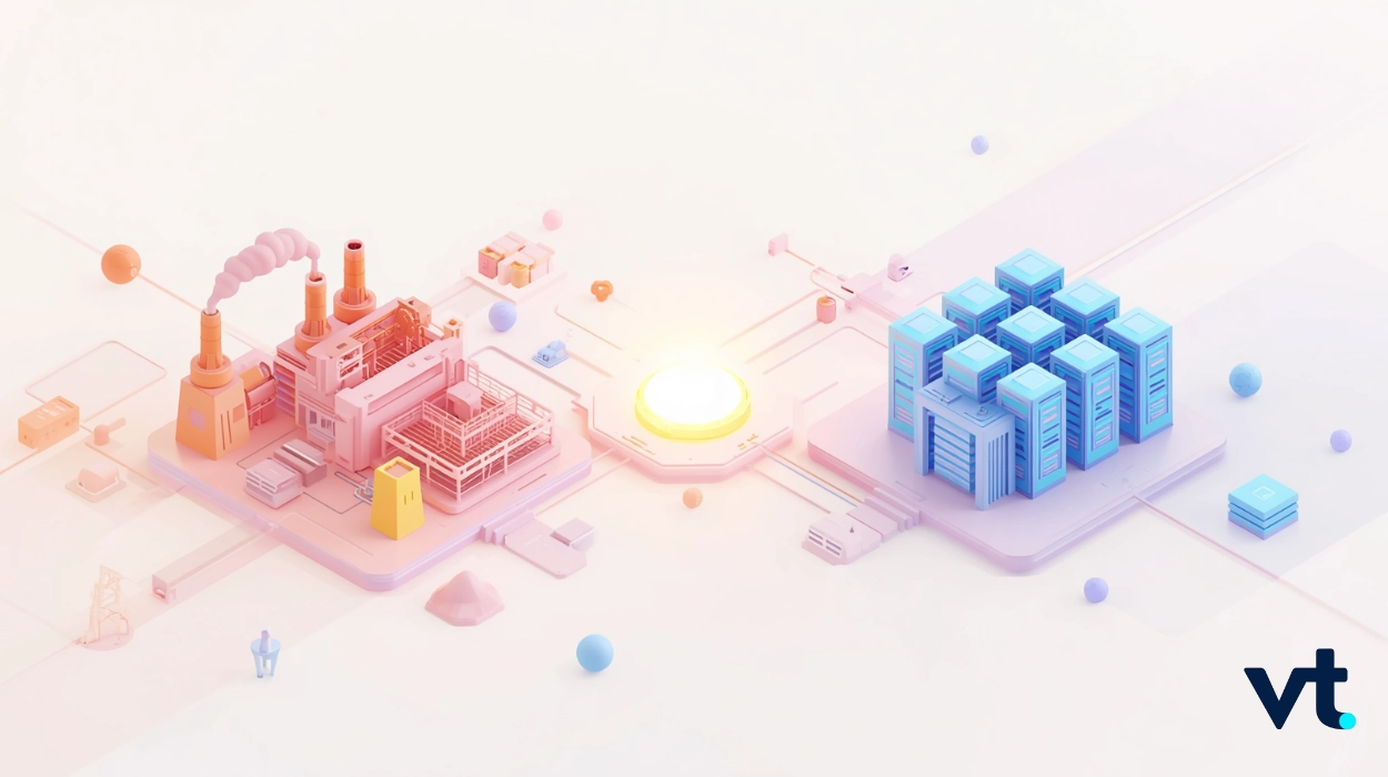 Abstract illustration of an industrial plant connected to a data center via a glowing hub, symbolizing industrial digitization.