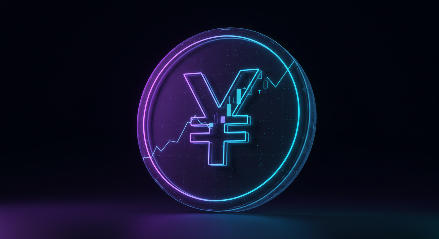 Neon-lit coin with the yen symbol and an upward-trending chart inside, against a dark background.
