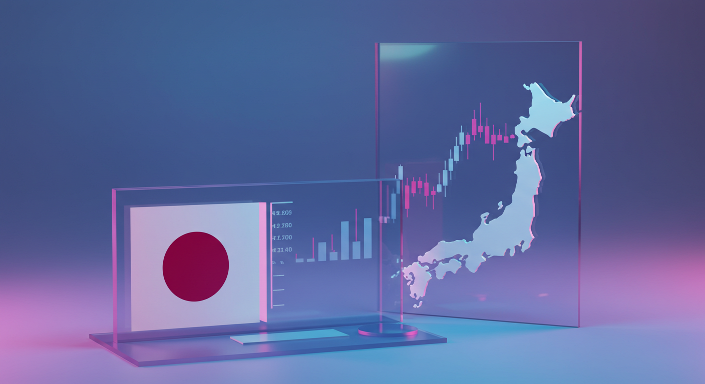 Japanese flag shown on a glass panel beside a digital stock chart and a glowing map outline of Japan in neon hues