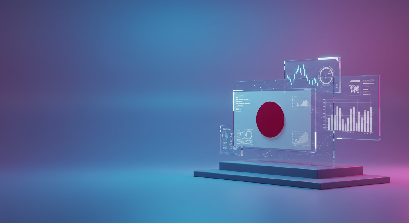 Floating transparent screens show graphs, maps, and a red circle emblem on a blue panel, resting on a stepped platform.