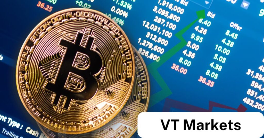 Close-up of a Bitcoin coin in front of a digital trading screen showing market prices, symbolising cryptocurrency trading and Bitcoin market activity for VT Markets.