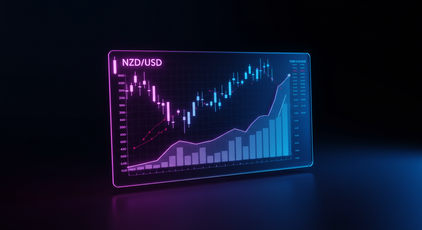 Neon holographic chart Showing NZD/USD with candlesticks, trend lines, and volume bars on a dark background