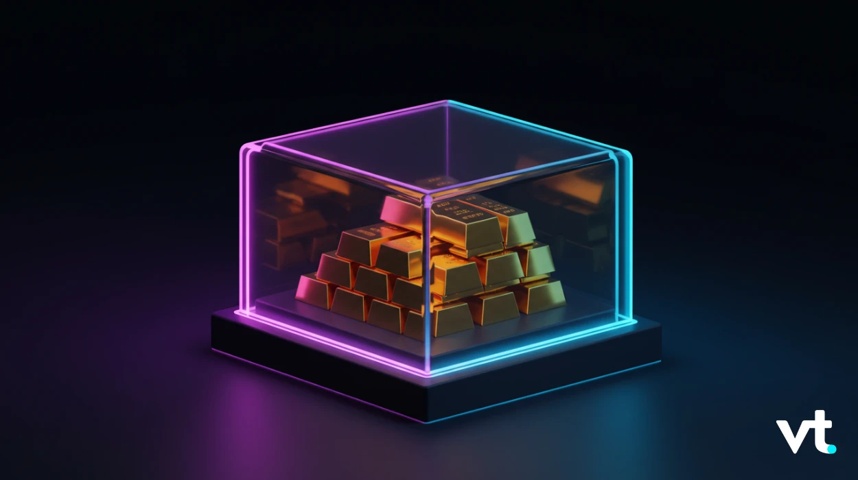 Gold bars stacked inside a glass display case with pink and cyan neon edges on a dark background, VT branding in the corner.