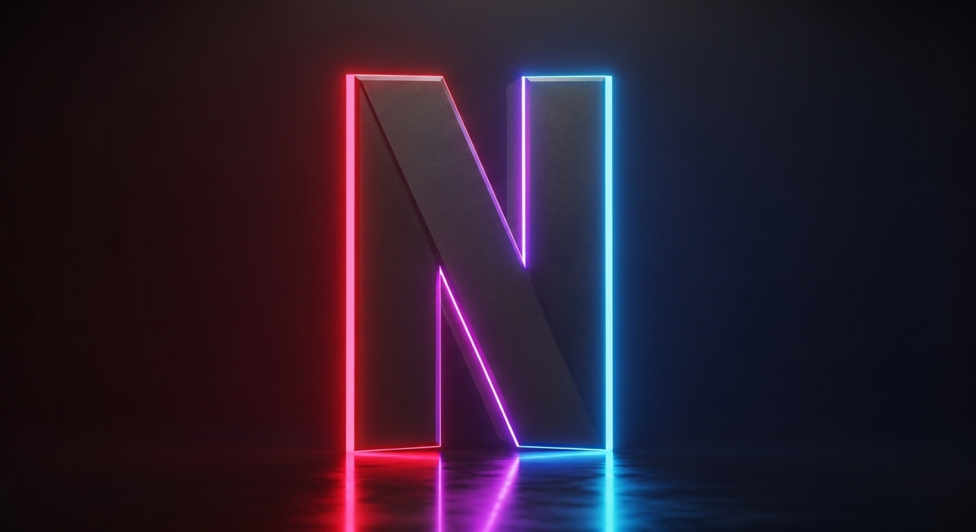 Glowing neon letter N formed by red and blue light on a dark background with a reflective floor.