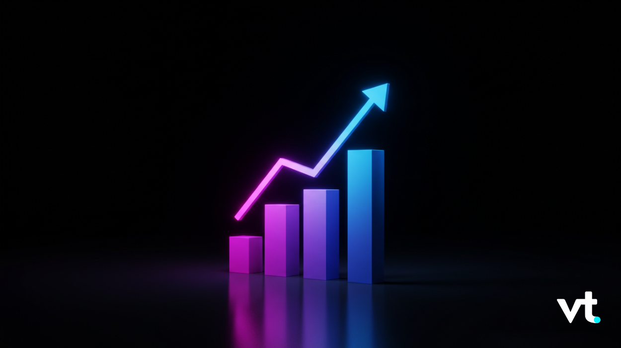 Neon colored bar chart with increasing bars and a rising line on a dark background, vt logo bottom right.