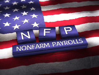 NFP nonfarm payrolls on blue letter blocks over a US flag, signaling US jobs data.