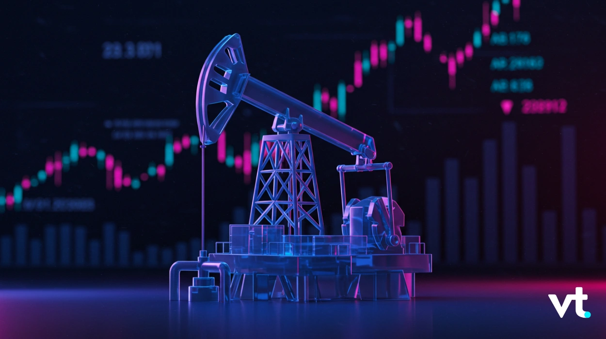 Blue neon oil pump jack with stock market candlesticks in the background, illustrating energy markets and trading influence.
